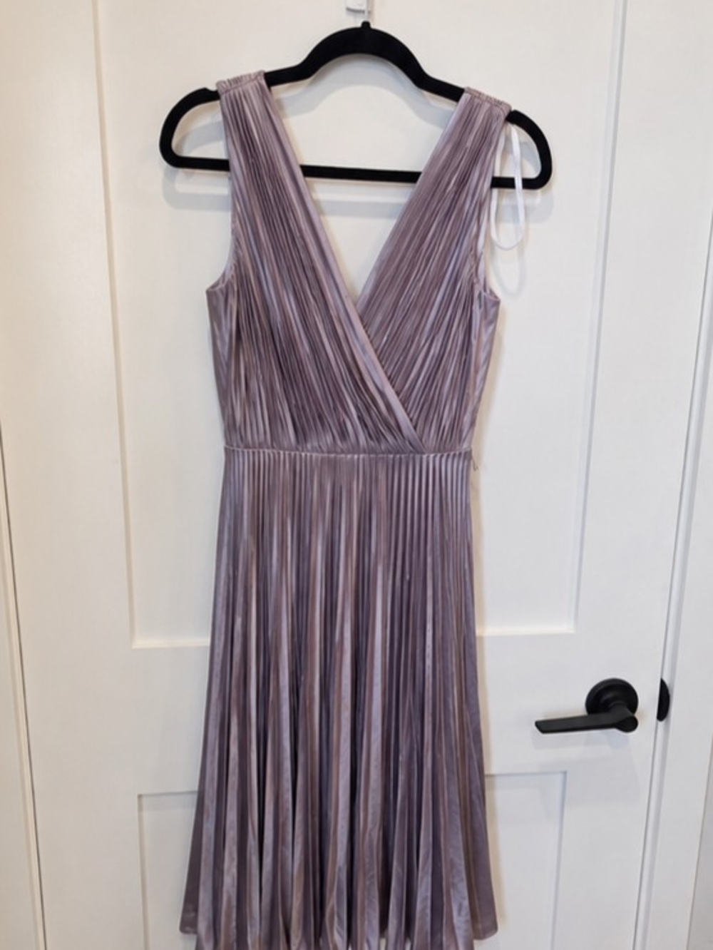 Suzi Chin for Maggy Boutique Satin Pleated V-Neck Midi Dress in Mauve